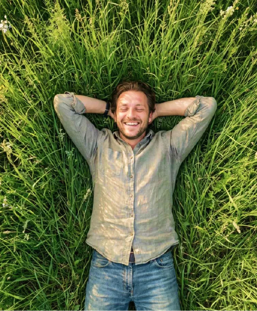 Uomo sorridente steso con le mani dietro alla testa, su un prato d'erba verde als sole