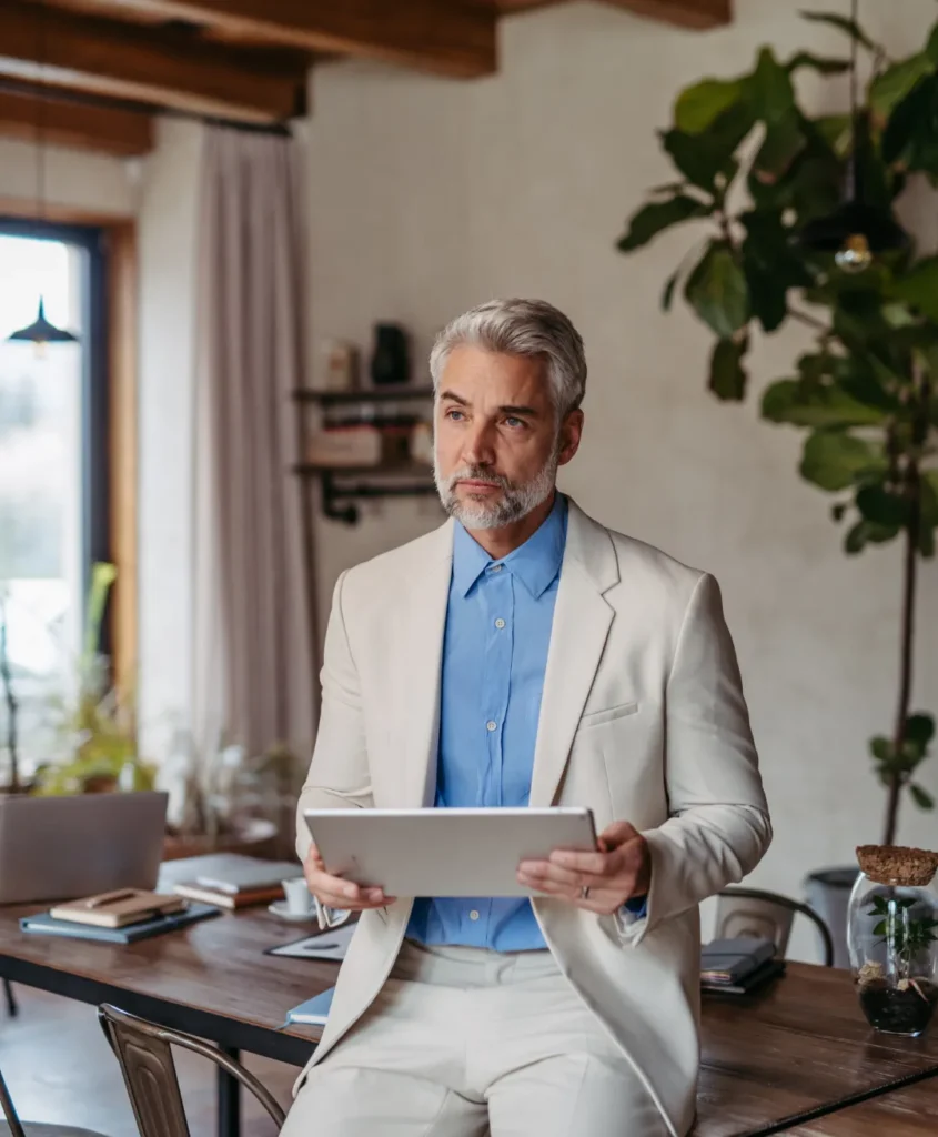 Uomo di mezza età, vestito elegante, appoggiato su un tavolo con un tablet in mano.