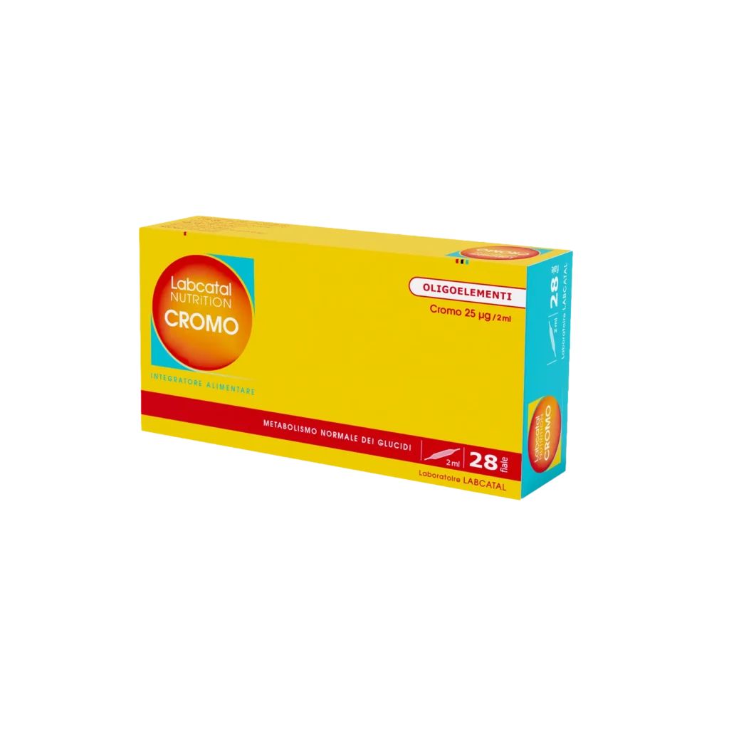 Confezione di Labcatal Nutrition Cromo da 28 fiale da 2 ml vista frontale laterale destra