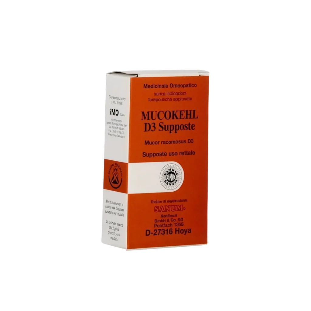 Confezione di Mucokehl D3 Supposte, vista frontale laterale sinistra.