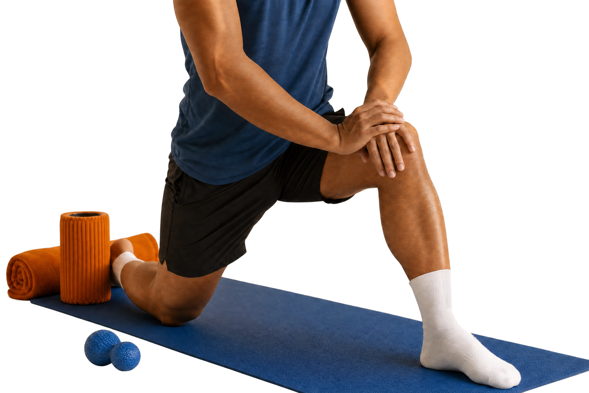 Persona che esegue un esercizio di mobilità e stretching su un tappetino blu, con foam roller e pallina da massaggio arancio