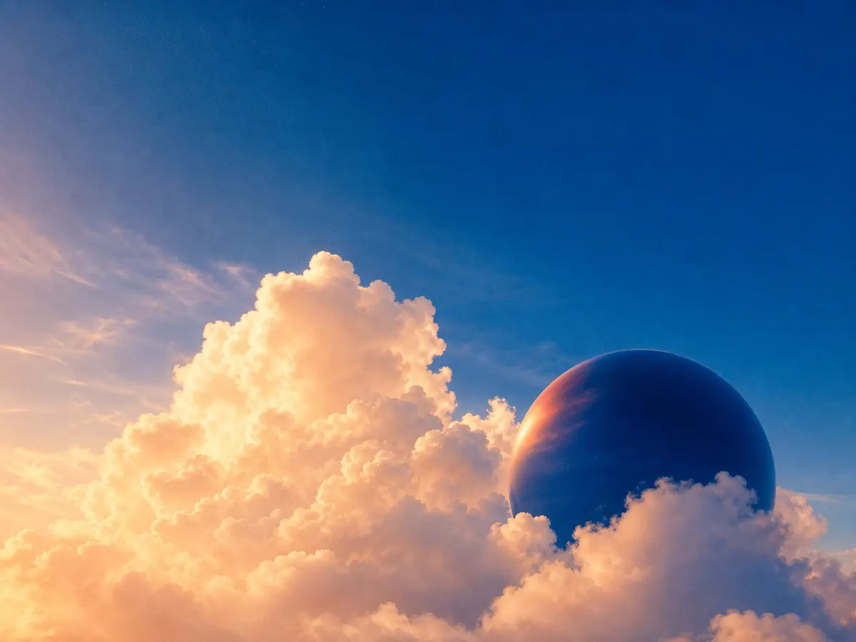 Cielo blu con nuvole color pesca e una sfera scura
